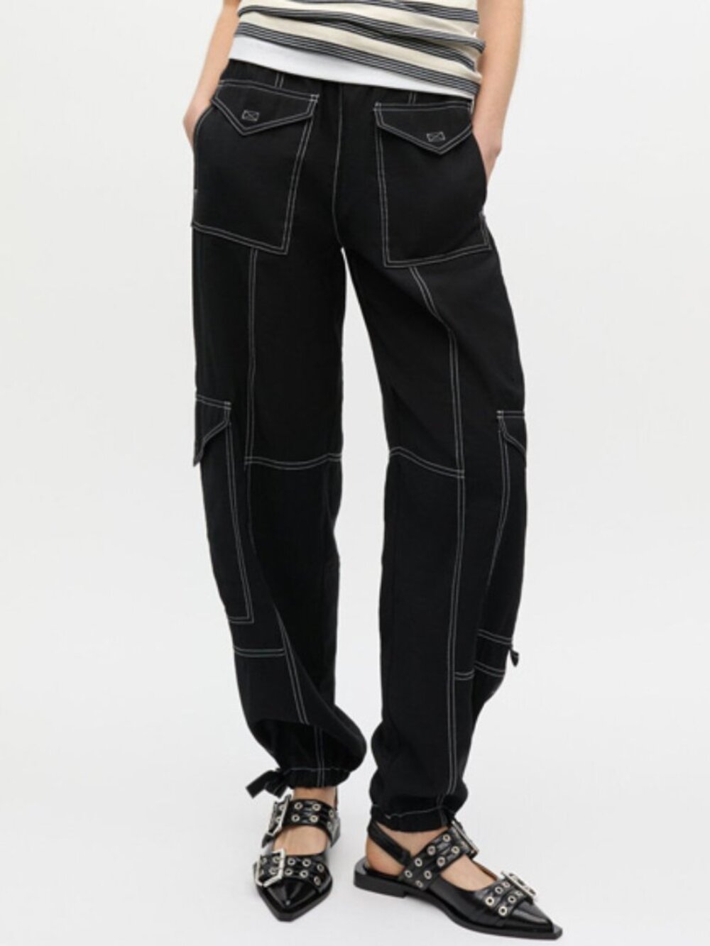 GANNI Contrast Light Slub Pocket Pants in Black Size EU 36